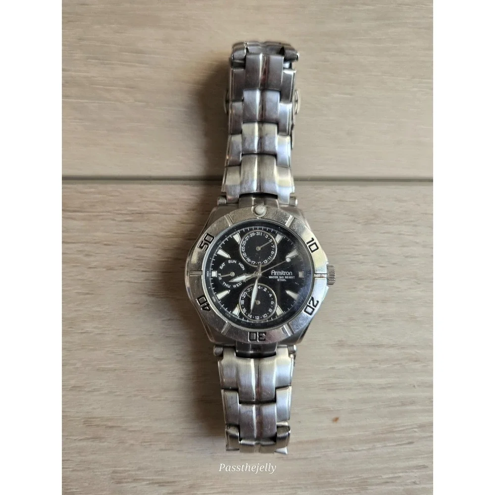 Armitron Watch Mens Multifunction Day Date Black Dial Steel Quartz vtg USA